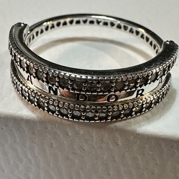 Genuine Pandora Silver Logo & Hearts Signature Ring #197404CZ Size 7 - Picture 1 of 5